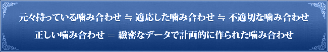 元々持っている噛み合わせ ≒ 適応した噛み合わせ ≒ 不適切な噛み合わせ正しい噛み合わせ ＝ 緻密なデータで計画的に作られた噛み合わせ